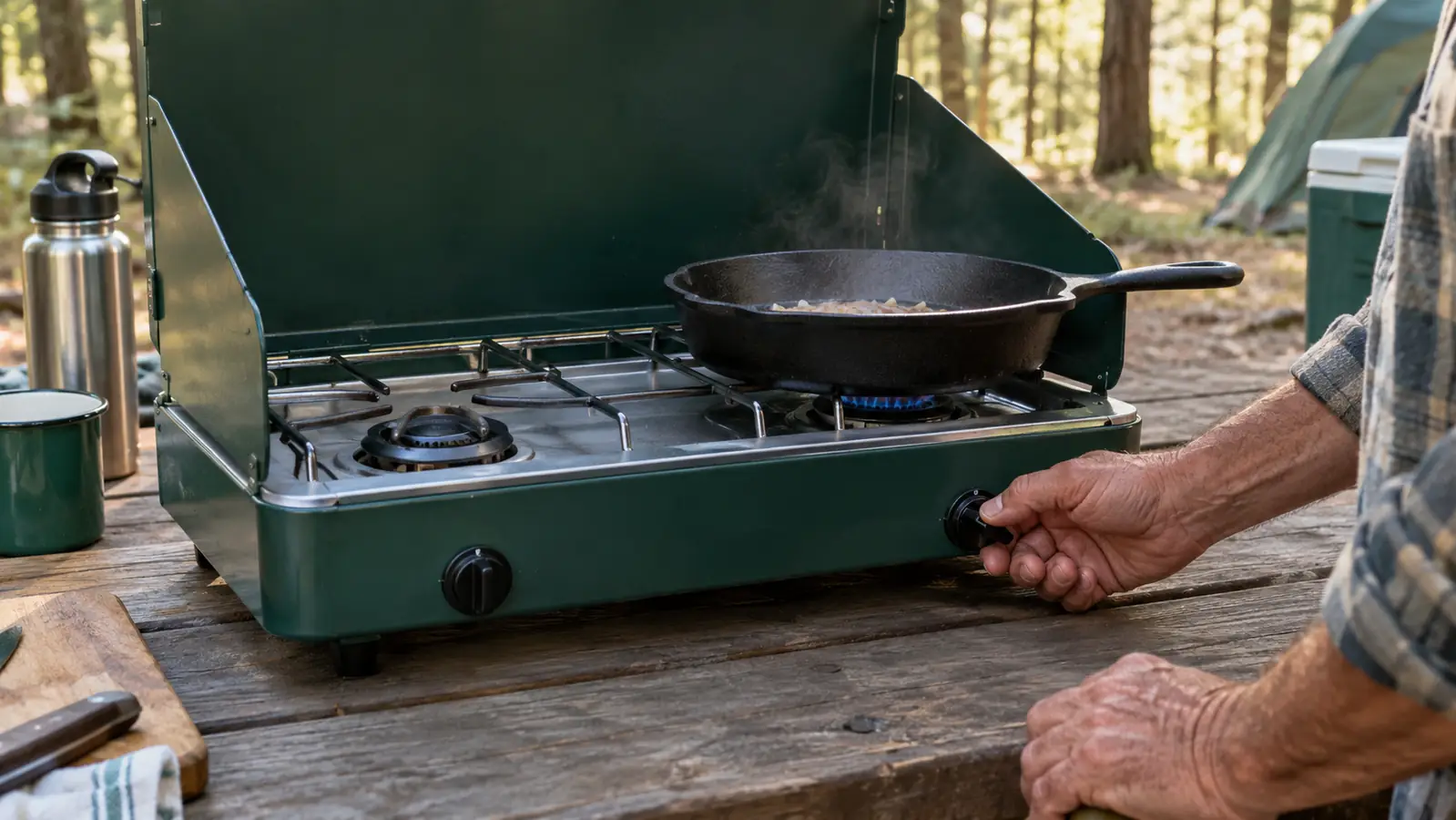A hand turning the dial on a two-burner camp stove while a skillet heats on the second burner.