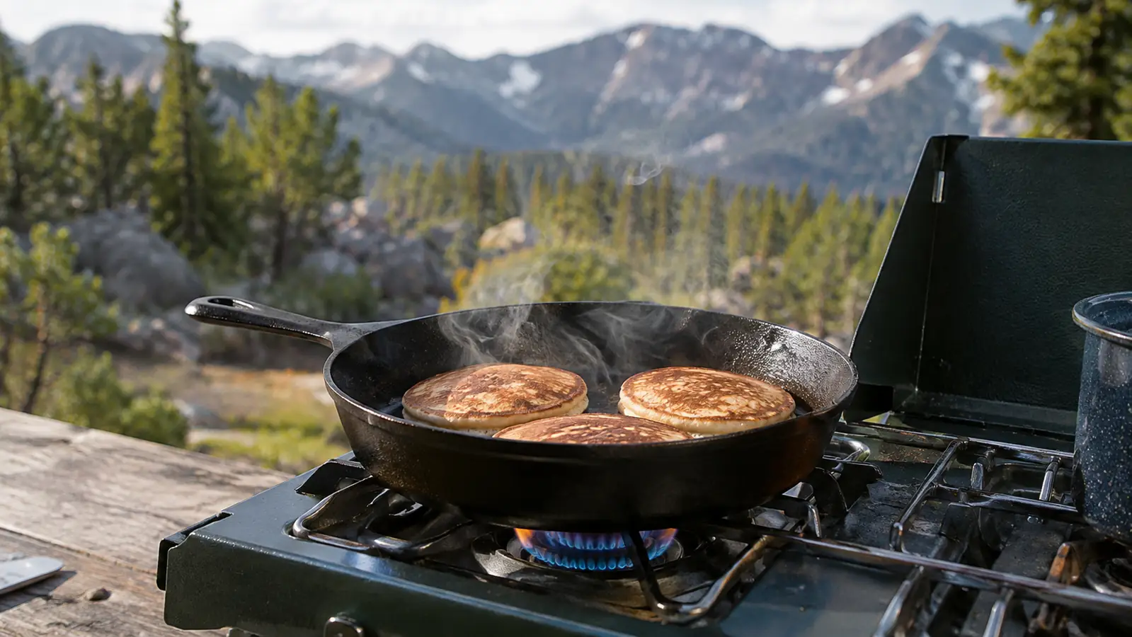Pancakes cooking in a skillet on a two-burner camp stove at a campsite in the morning.