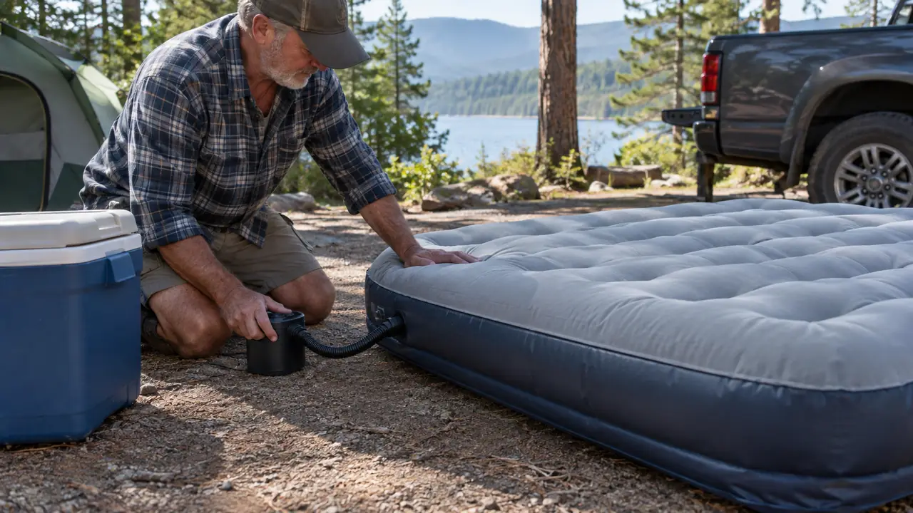A dad inflating a thick double sleeping pad with a small pump beside a cooler at a campsite