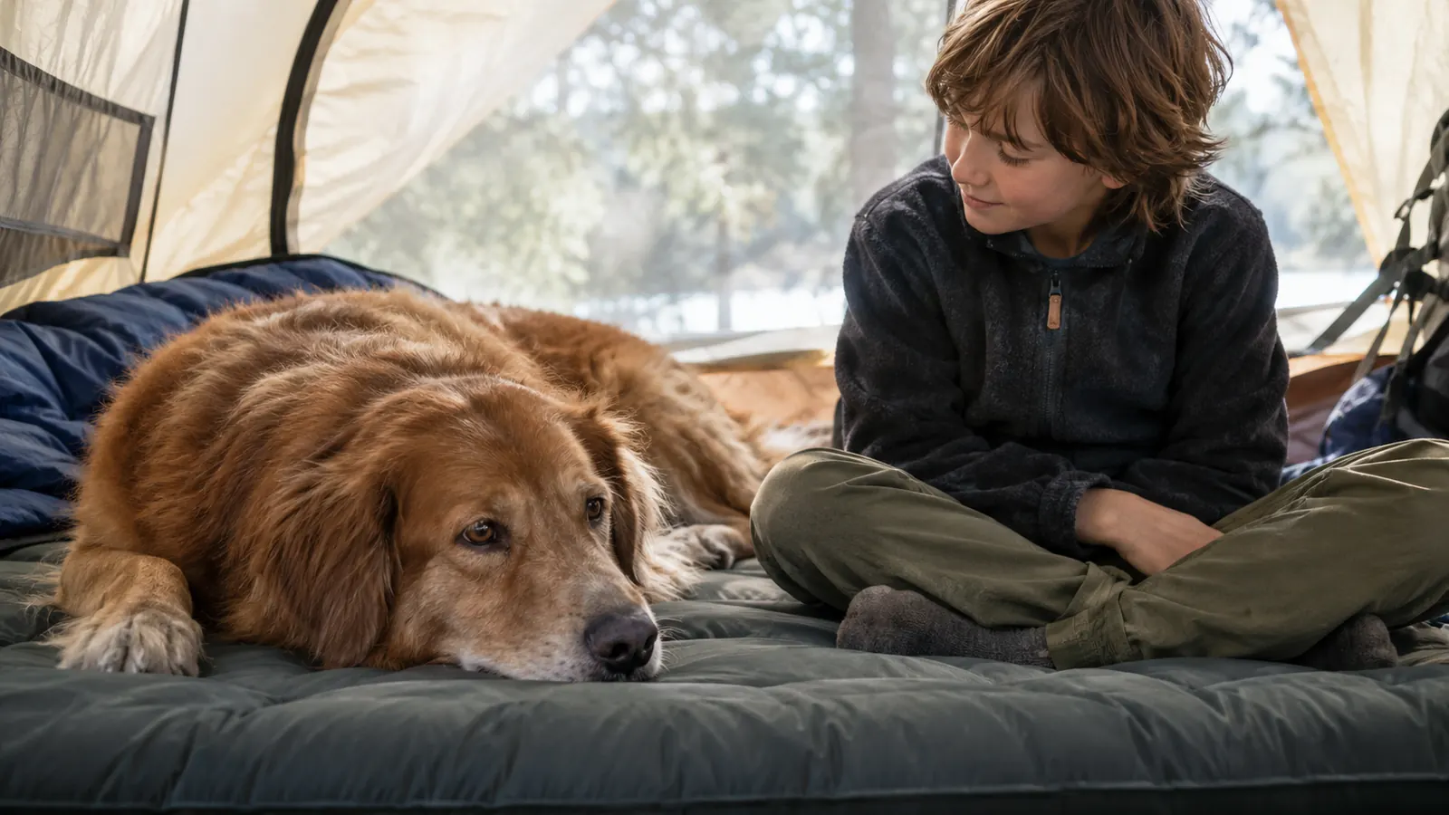 A large dog lying on a thick double sleeping pad inside a tent while a kid sits beside it