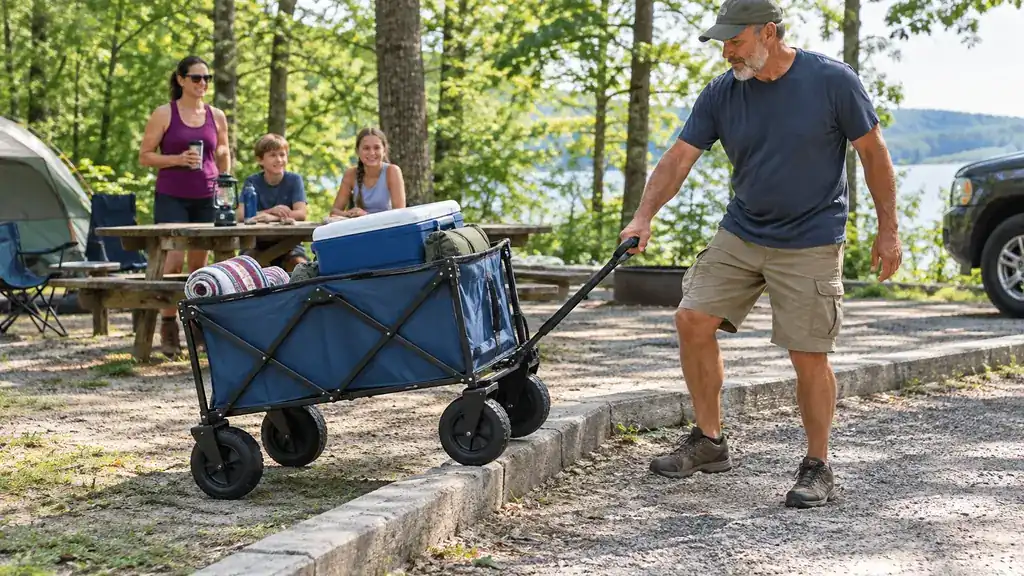 A dad lifting a loaded collapsible wagon over a low curb near a picnic table